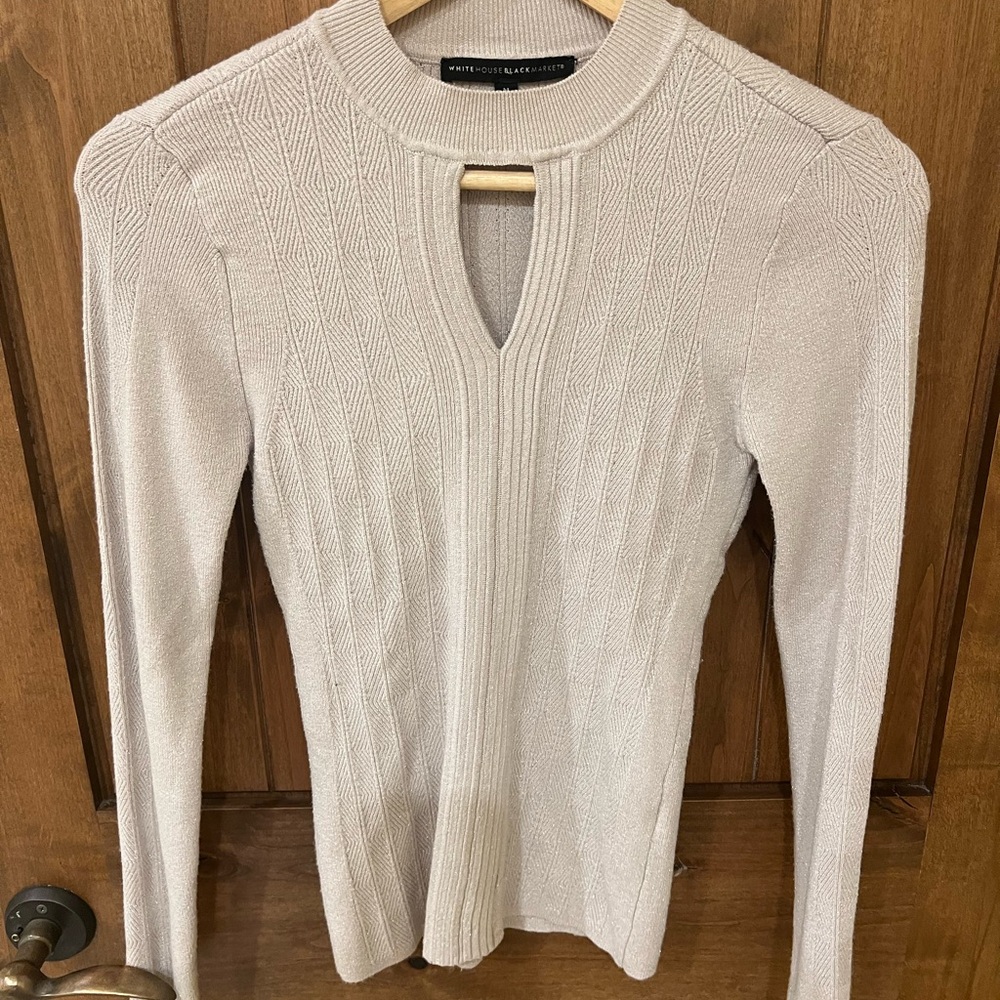 White House Black Market keyhole, cream with gold sparkle sweater blouse.